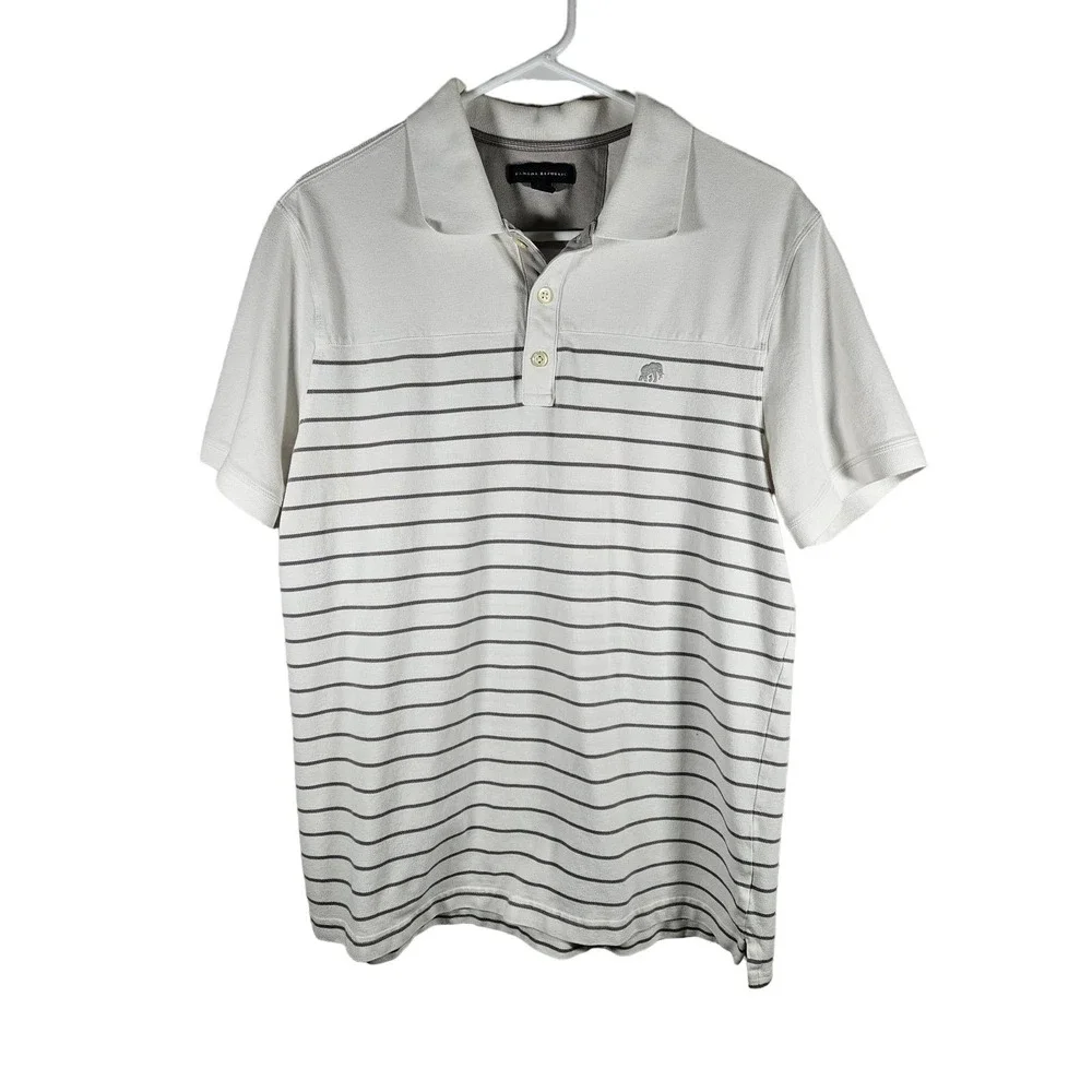 Banana Republic Men's Short Sleeve Polo Shirt White Gray Logo Cotton Blend Large